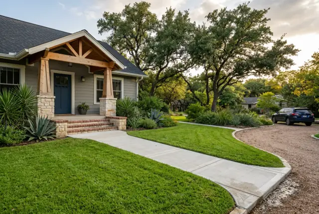 A curved concrete walkway crossing a green front lawn to a craftsman style porch