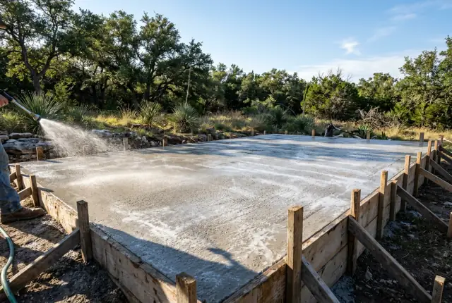 A fresh concrete slab inside wood forms being sprayed with water as it cures